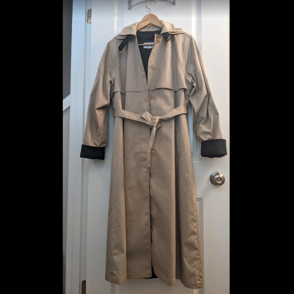 Vintage Beige Long Ankle Trench Coat Hood Belt Lined John Weitz 8